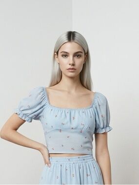 ✨Forever 21 Light Blue Floral Puff Sleeve Crop Top | Large